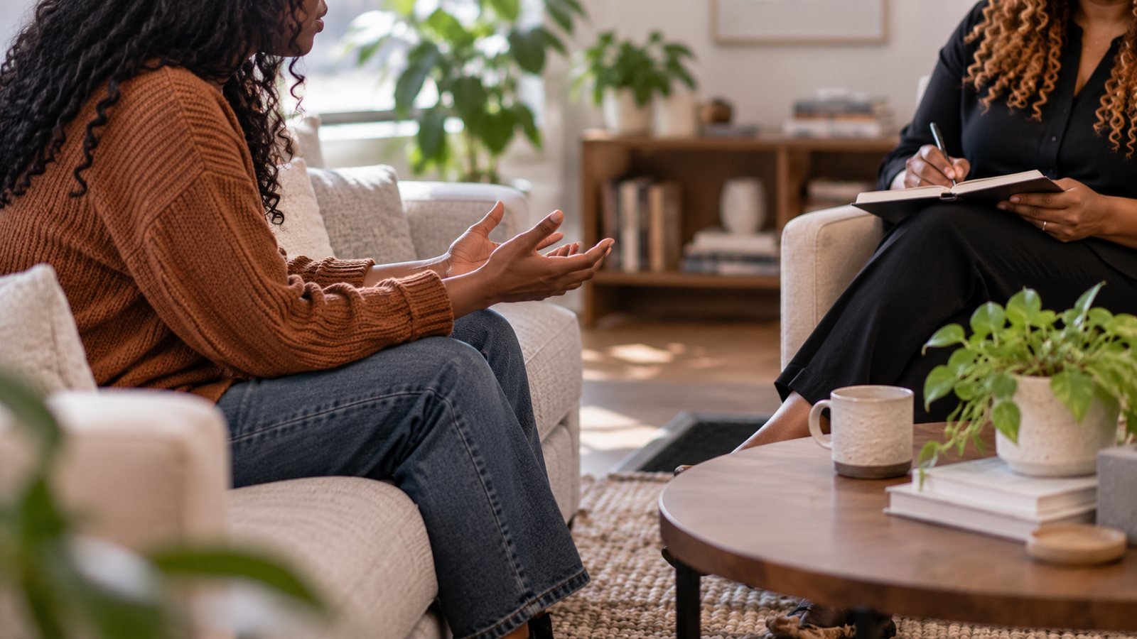 A client talking with a therapist who takes notes during a session