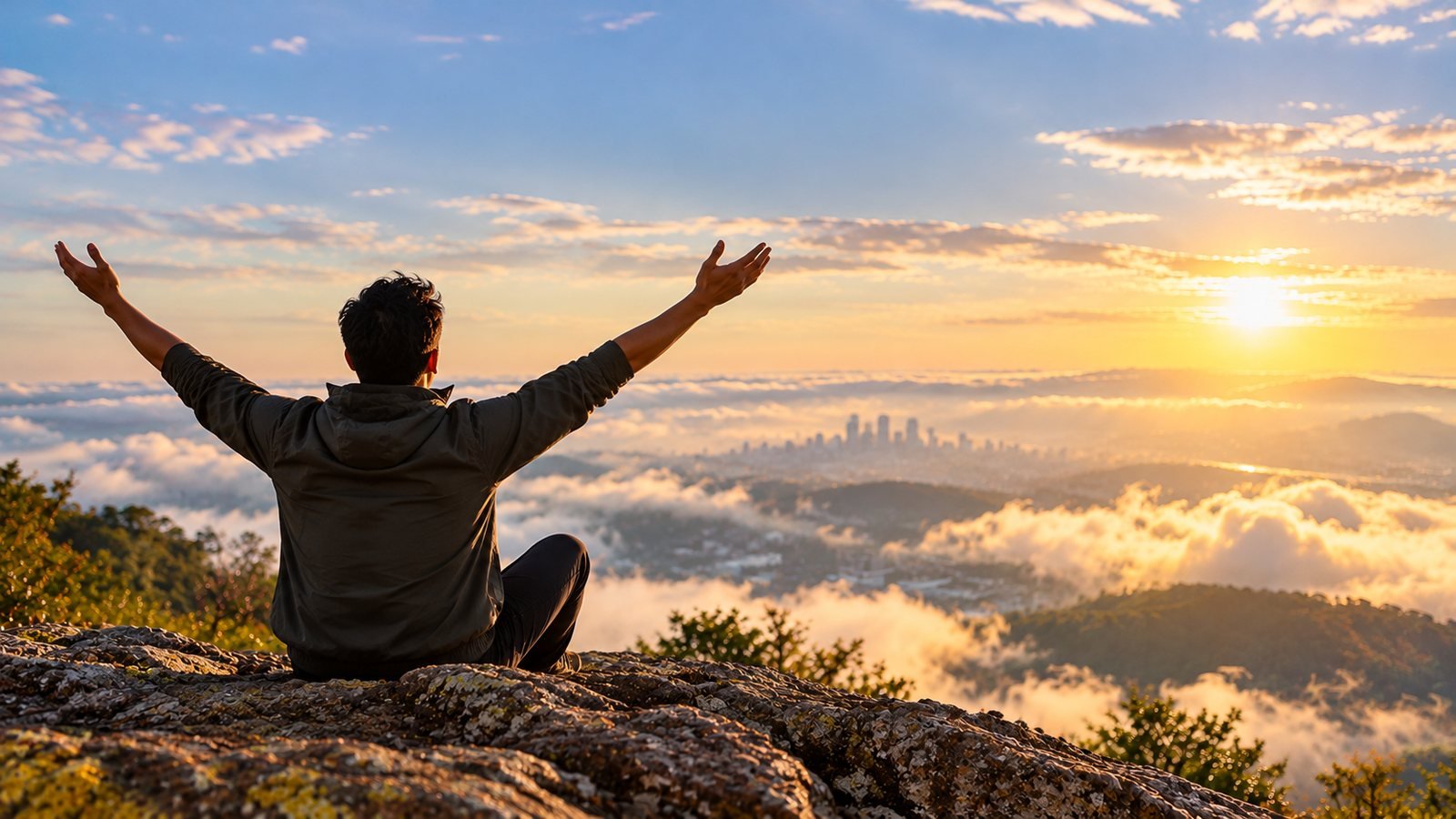 A person sitting on a mountaintop at sunrise with arms open, overlooking a city