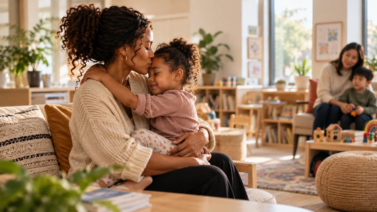 A mother holding and kissing her young daughter in a bright family room