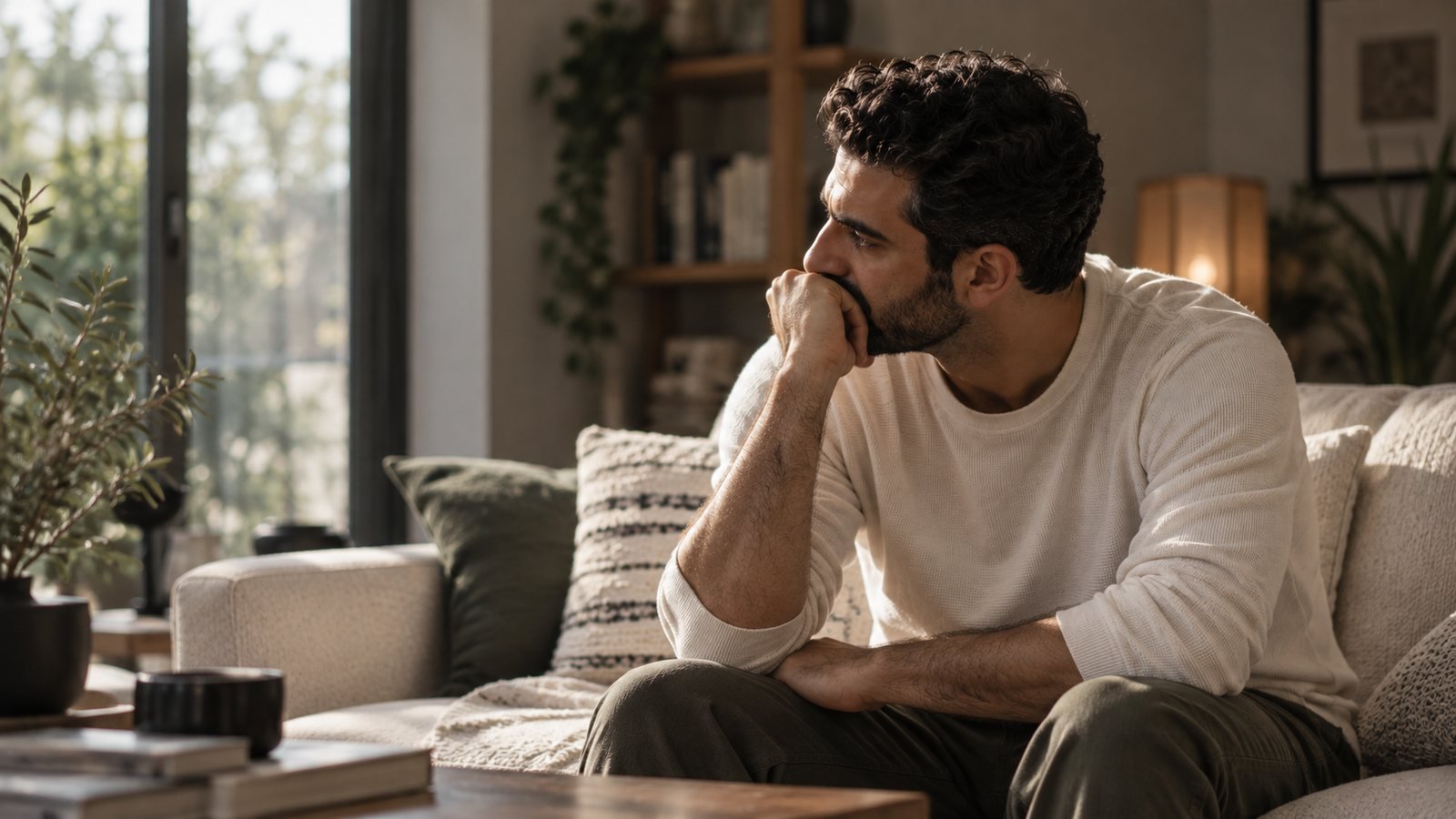 A man sitting on a sofa, resting his chin on his hand, deep in thought