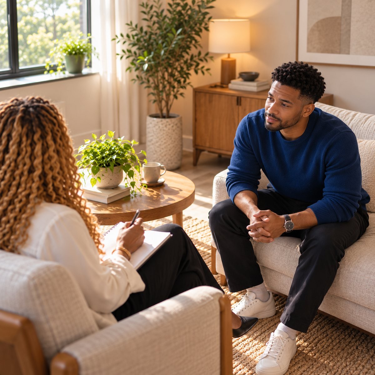A therapist listening to a client during a session in a calm, plant-filled office